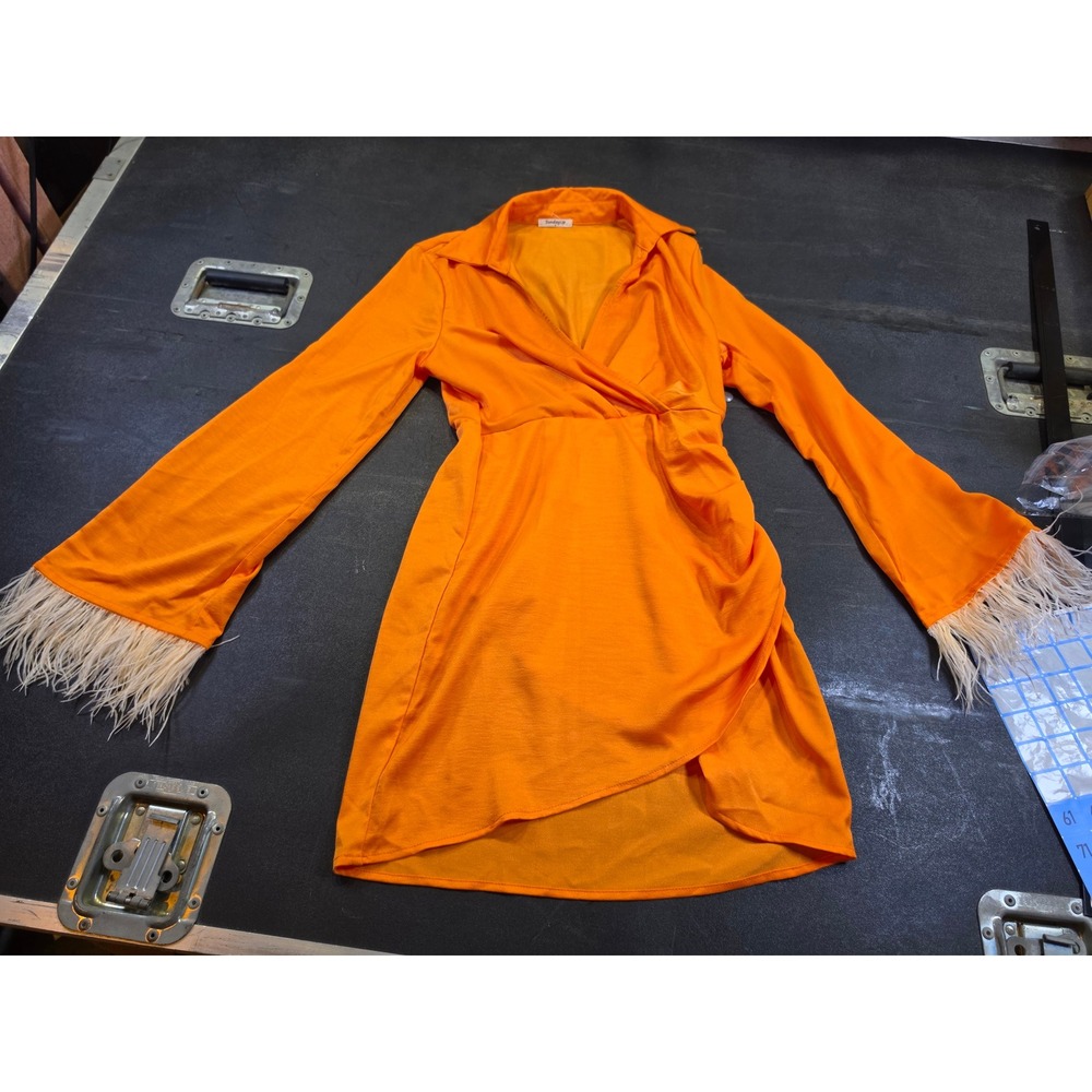 Sunday Up Orange Feather Trim Long Sleeve Wrap Mini Dress Small